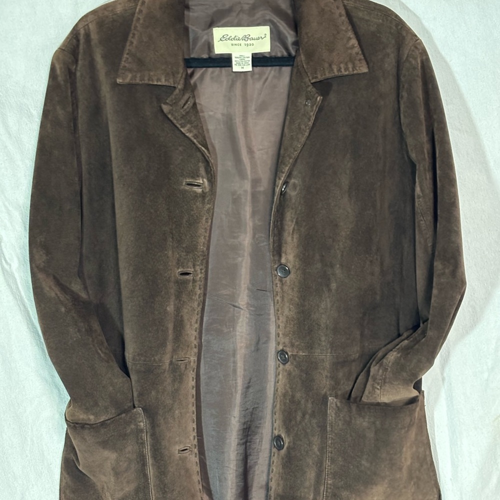 Eddie Bauer Women’s Brown Genuine Leather Jacket Blazer M Suede Button Front